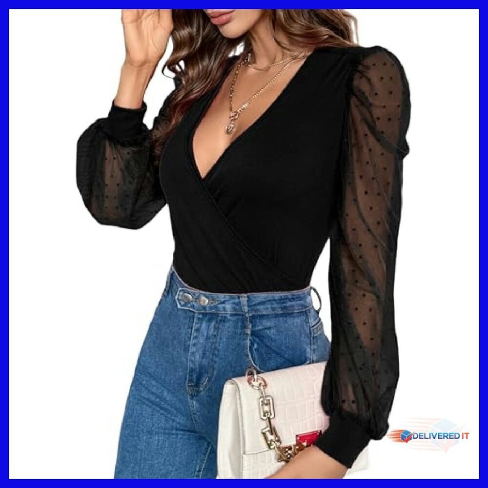 Deep V Neck Cross Wrap Mesh Long Sleeve Blouse Slim Fit - Picture 2 of 8